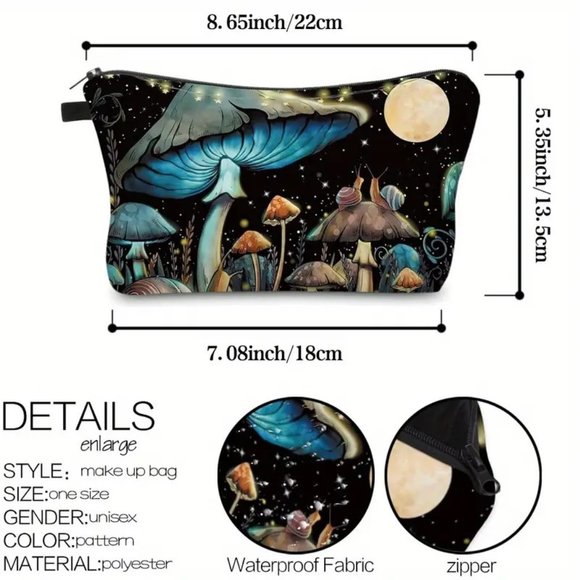 Cosmetic Bag Trippy Mushroom Forest Makeup Clutch Pouch Travel Hippie Moon Snail - Picture 5 of 5